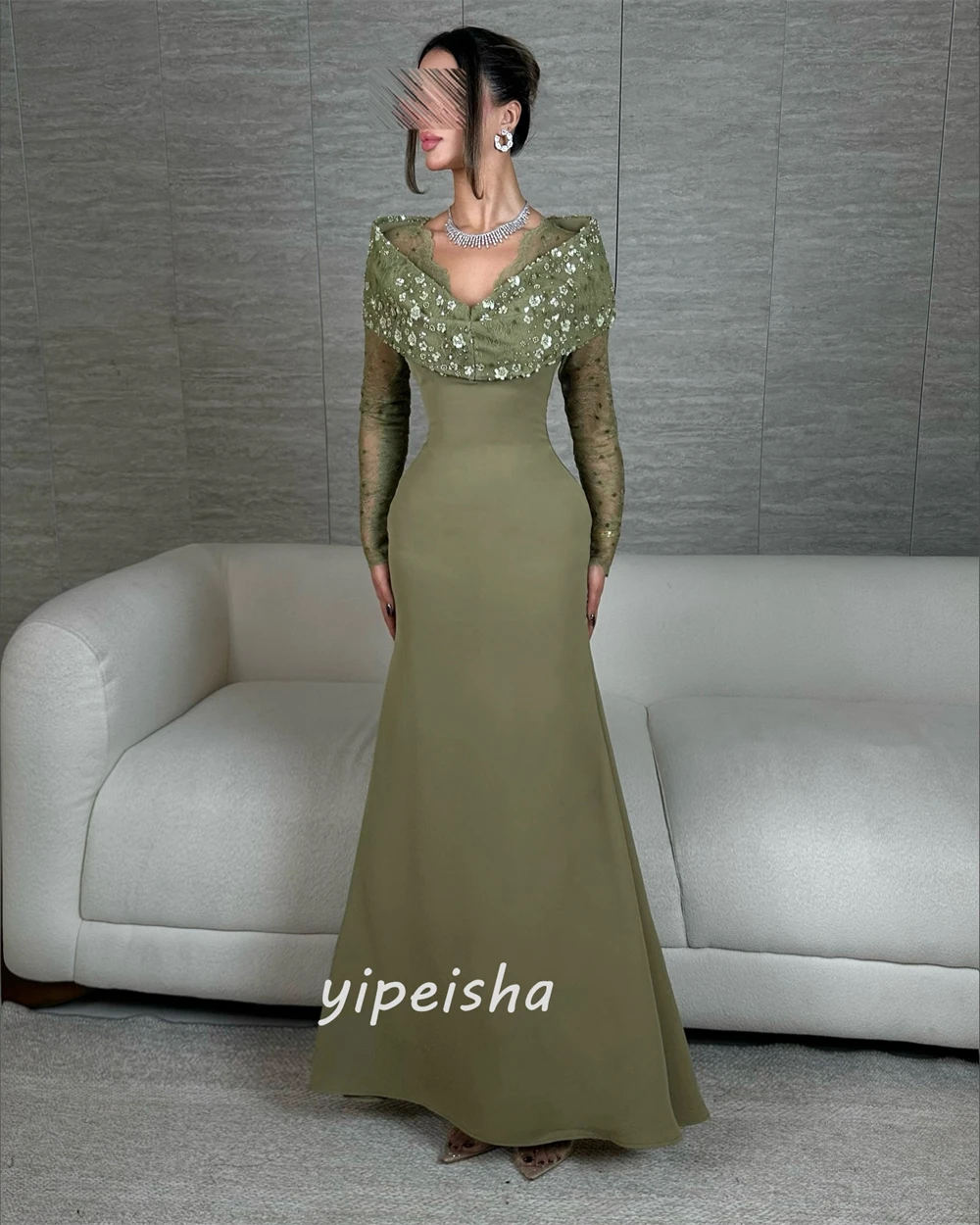 Customized Formal Classic Jersey Lace Handmade Flower Mermaid Off-the-shoulder Long Dresses Evening Dresses Sizes Available Sexy