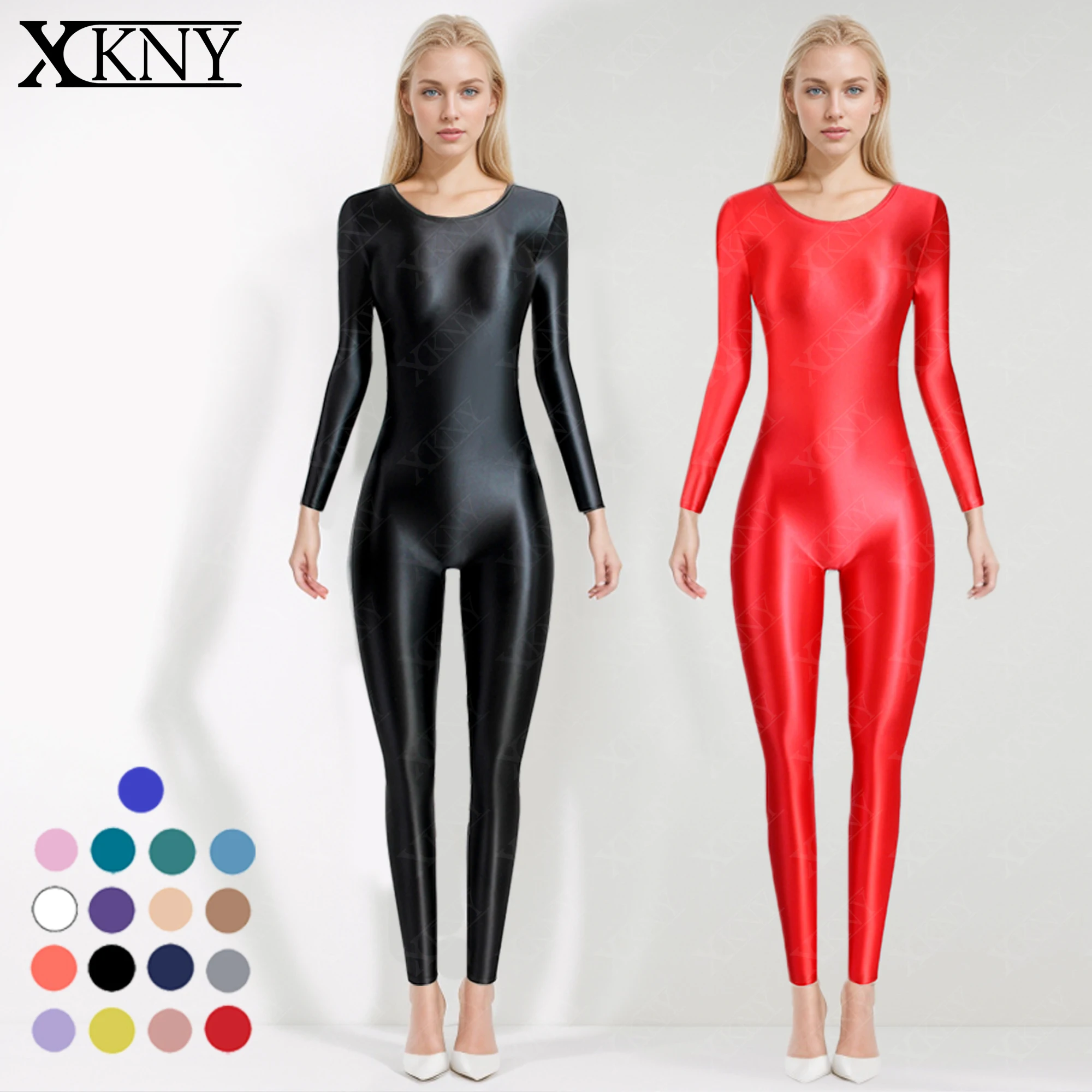 

XCKNY oil Glossy tights sexy shiny round neck Jumpsuit slip smooth casual Jumpsuit Yoga Pants Jumpsuit glossy bodysuit