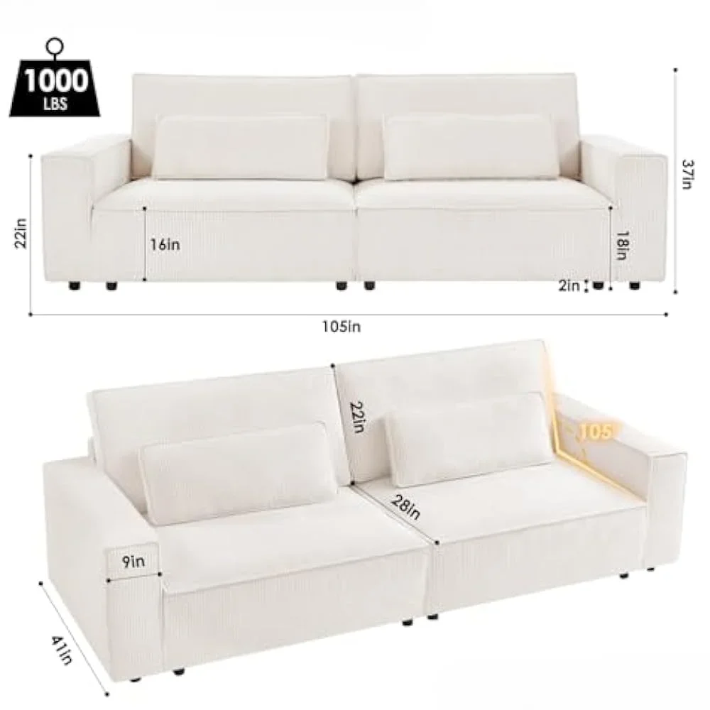 105In Modern White Sofa with Extra Deep Love Seat & Fluffy Cushion & 2 Pillow, Comfy Corduroy Cloud Couches Oversized 4-Seat