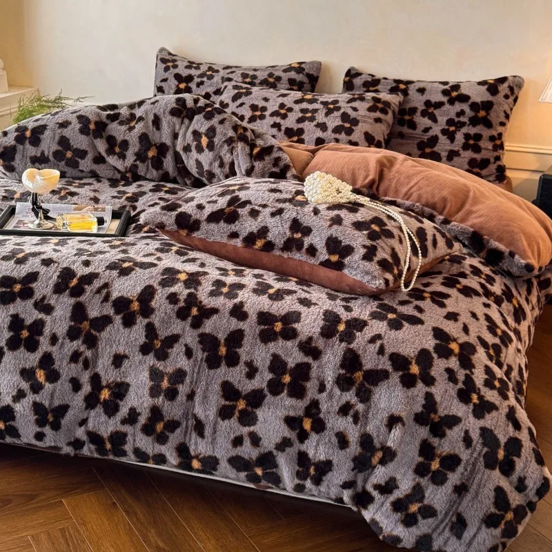 Class A thickened imitation rabbit hair carved milk fleece four-piece set winter coffee color warm fleece quilt set