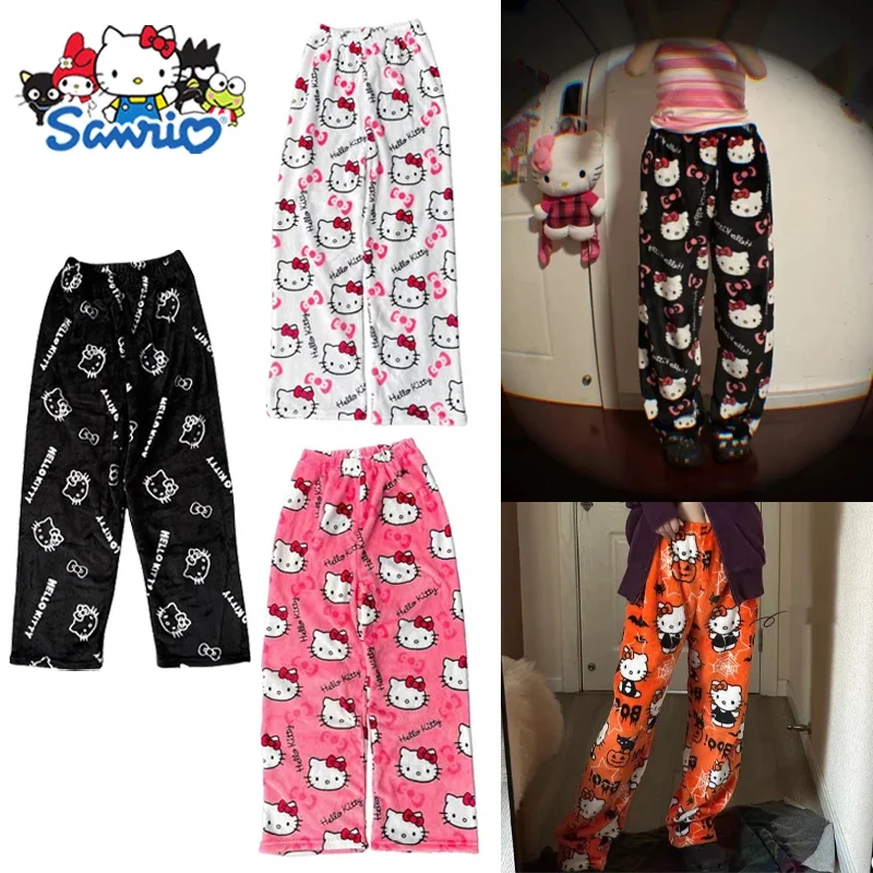 

Thick Hello Kitty Sleepwear Sanrio Cartoon Animation Autumn/Winter Coral Velvet Warm Women Pants Casual Home Pants Holiday Gifts