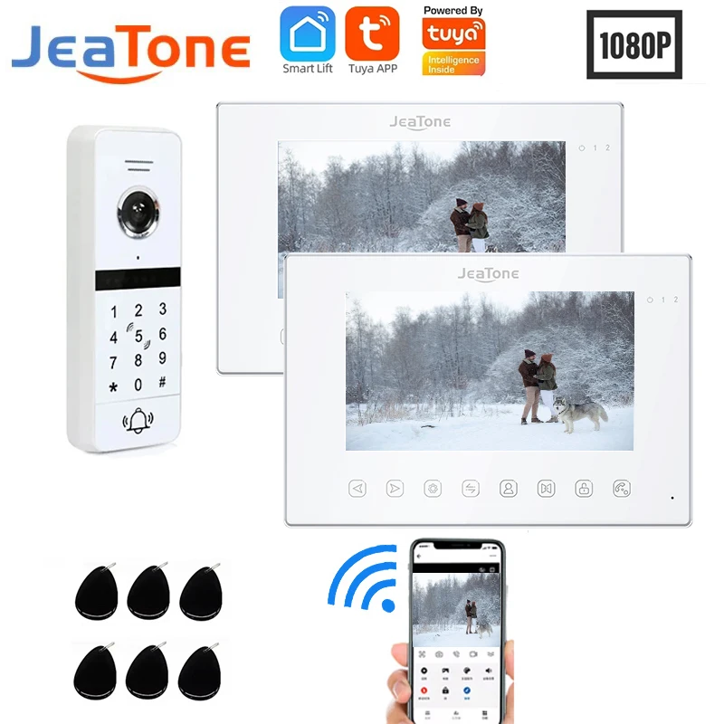 

Jeatone 1080P видеодомофон домофон дверной звонок Tuya Smart 7-дюймовый сенсорный монитор комплект пароль RFID разблокировка система контроля доступа