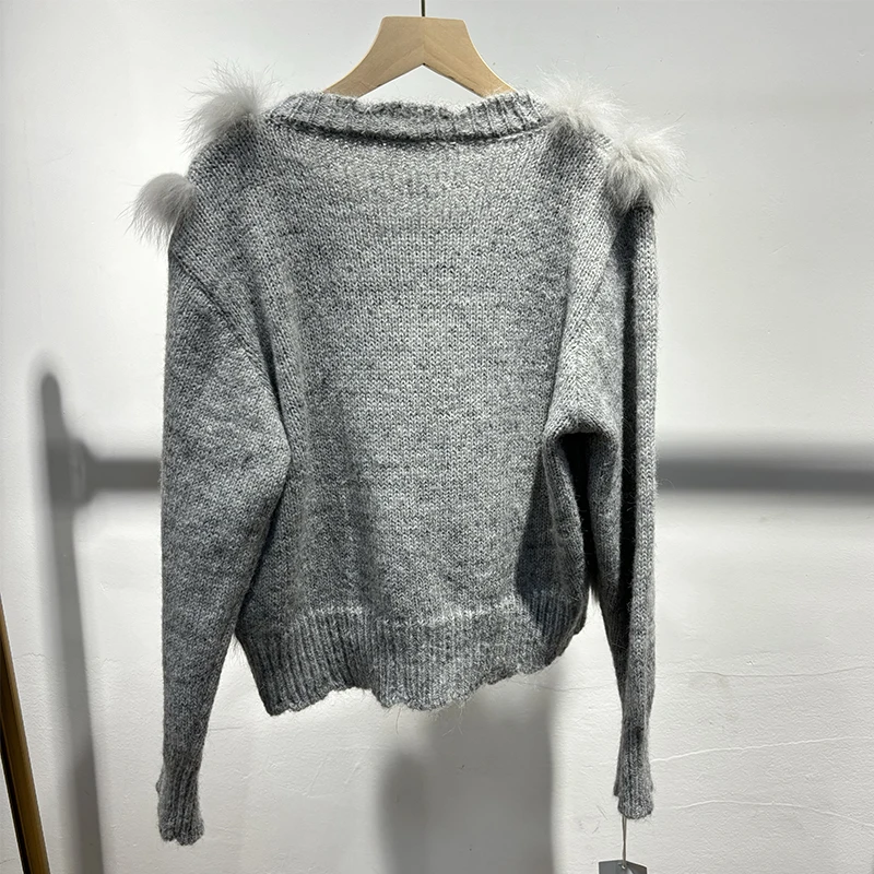 2025年 ガールズ ラブリーハートボタン 本物の狐の毛皮セーター 天然毛皮 キュートなニットジャケット