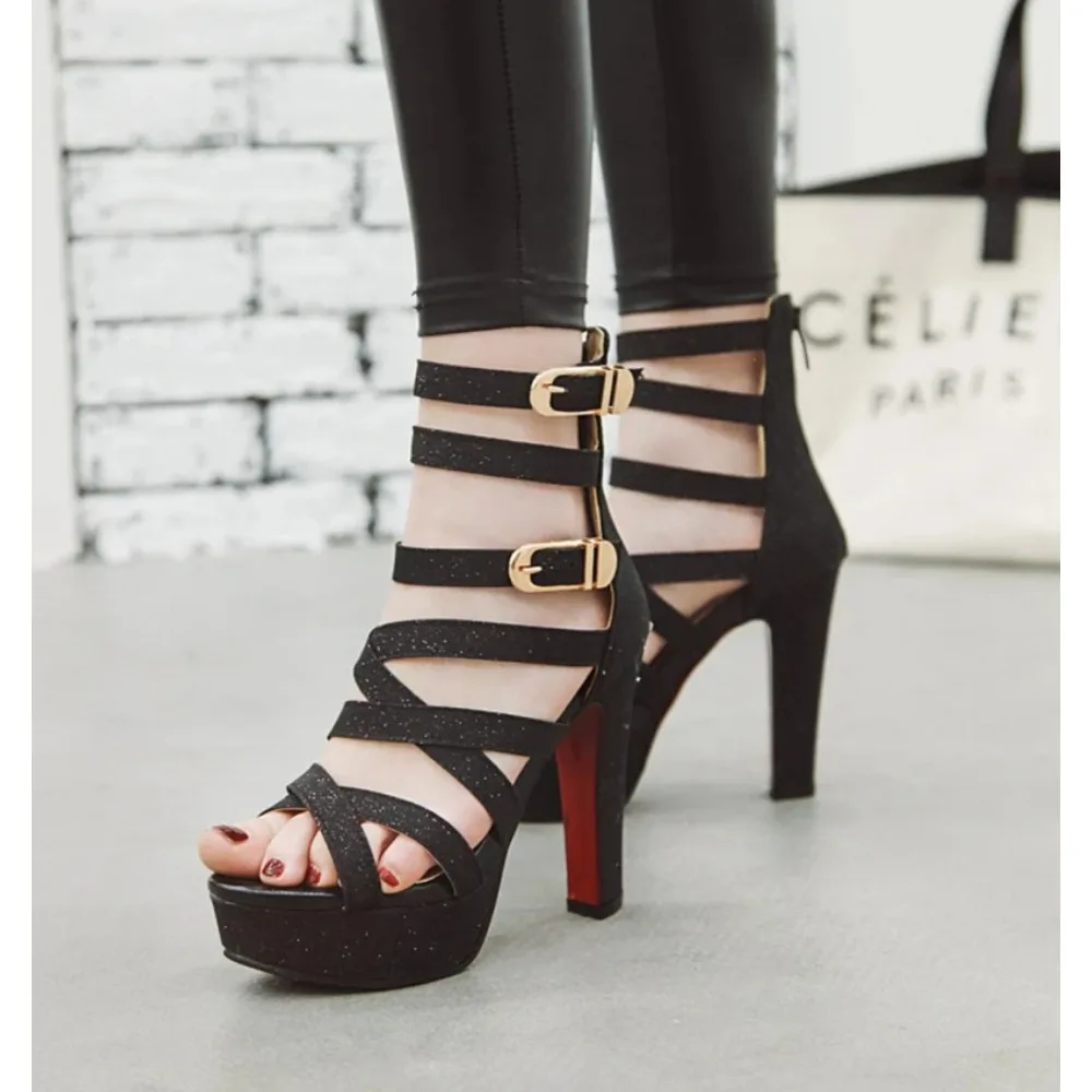 Plus Size 48 Women Sandals Pumps Fashion Peep Toe 12cm High Heels Sexy Back Zip Club Party Wedding Female Platform Sandals C-5
