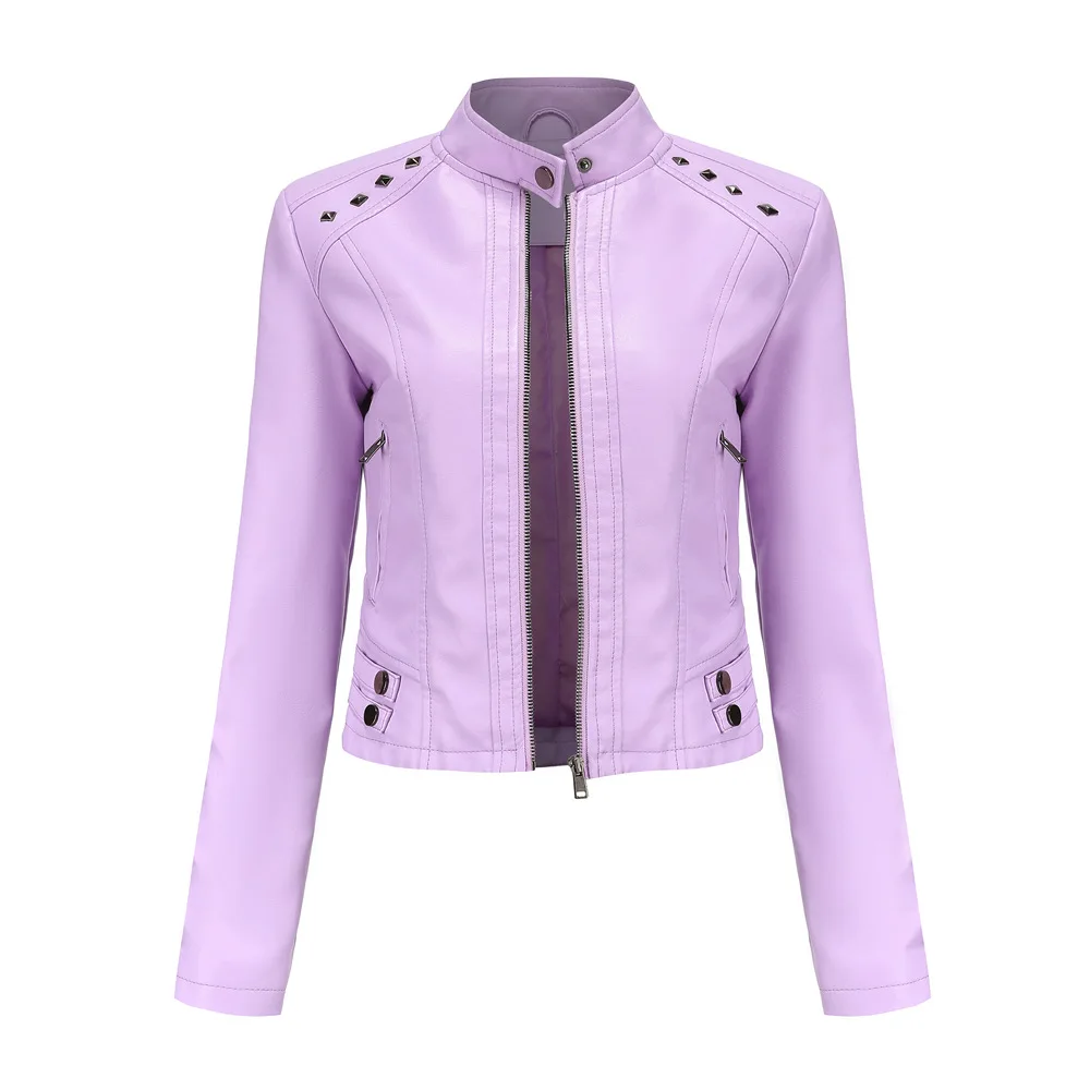 Women's Long Sleeved Rivet Leather Coat, Motorcycle Jacket, Pu Stand Collar, Spring and Autumn Fashion, New Leather jacket