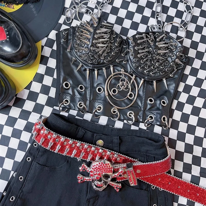 新作 スウィートクール ゴシック ブラック レディース スリング 2025 夏 Y2K ホットガール 欧米風 セクシー パンク チェーン ファッション リベット ベスト レディース