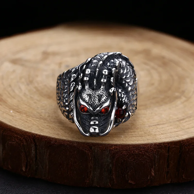 BOCAI New 100% S925 Silver Retro Personality Domineering Dragon Head Men's Ring Fashion Good Luck Jewelry Accessories