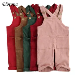 Blotona Toddler Baby Corduroy Suspender Rompers Candy Color Adjustable Strap Pockets Overalls Spring Fall Button Trousers, 6M-5Y