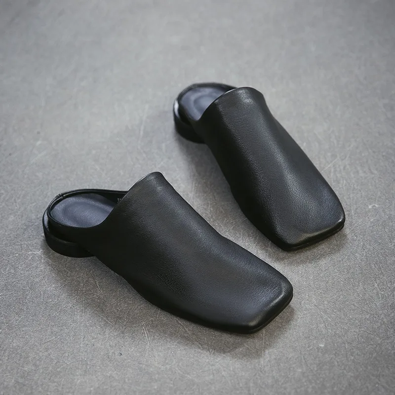 

Женские тапочки Birkuir в стиле ретро с круглым каблуком, закрытые, на низком каблуке, роскошные уличные тапочки, обувь из натуральной кожи с квадратным носком