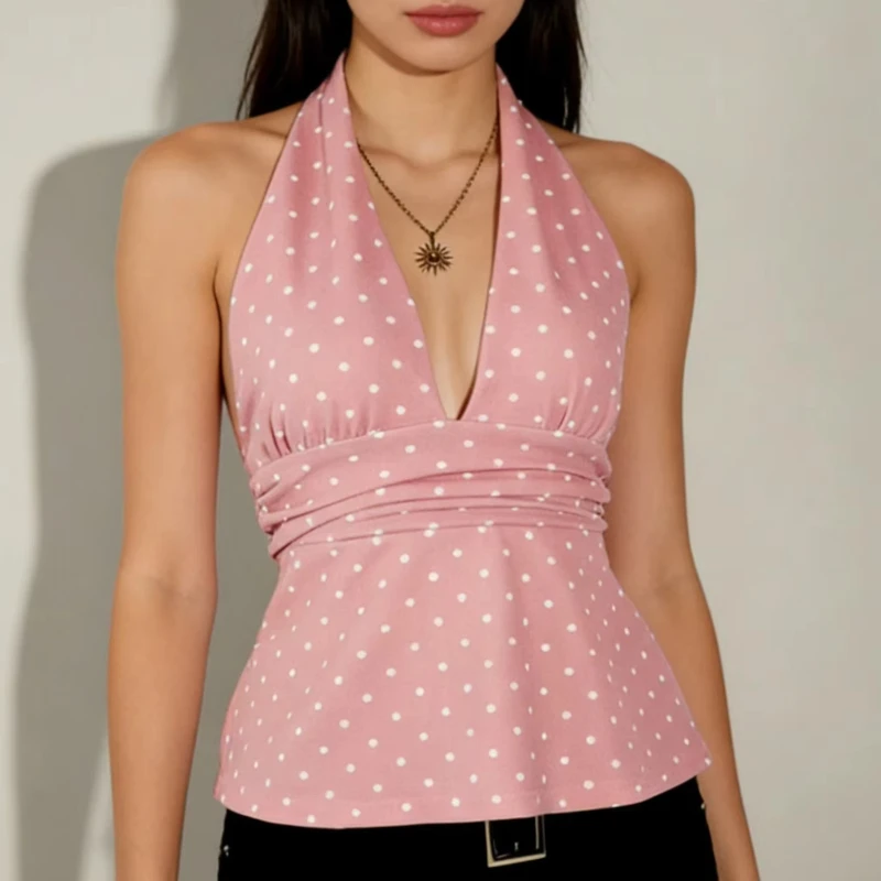 Sommer Harajuku High Street Trend Kurzes Plissiertes Slim-Fit Damen-Top mit Trägern Y2K Ärmelloses Personalisiertes Neckholder-Oberteil