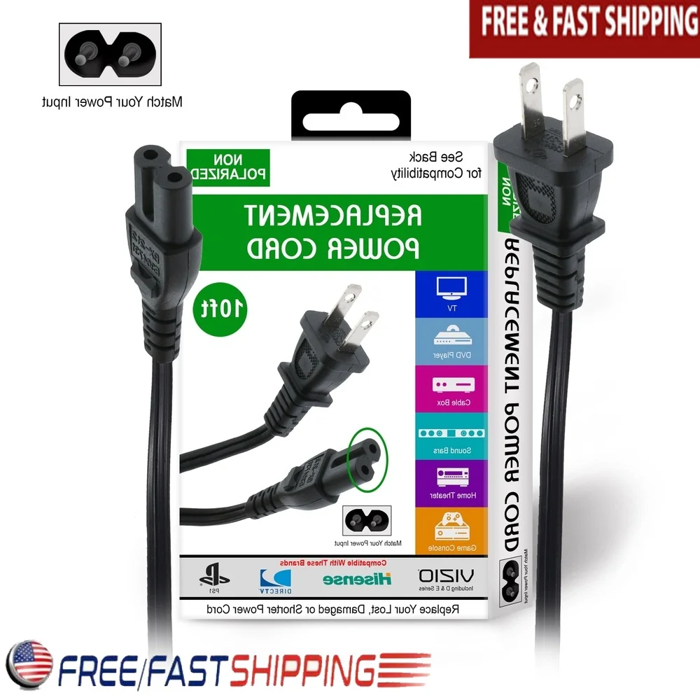 

10ft Non-Polarized Replacement Power Cord Game Consoles Printers TVs Soundbars Durable Heavy-Duty AC Cable Universal Use