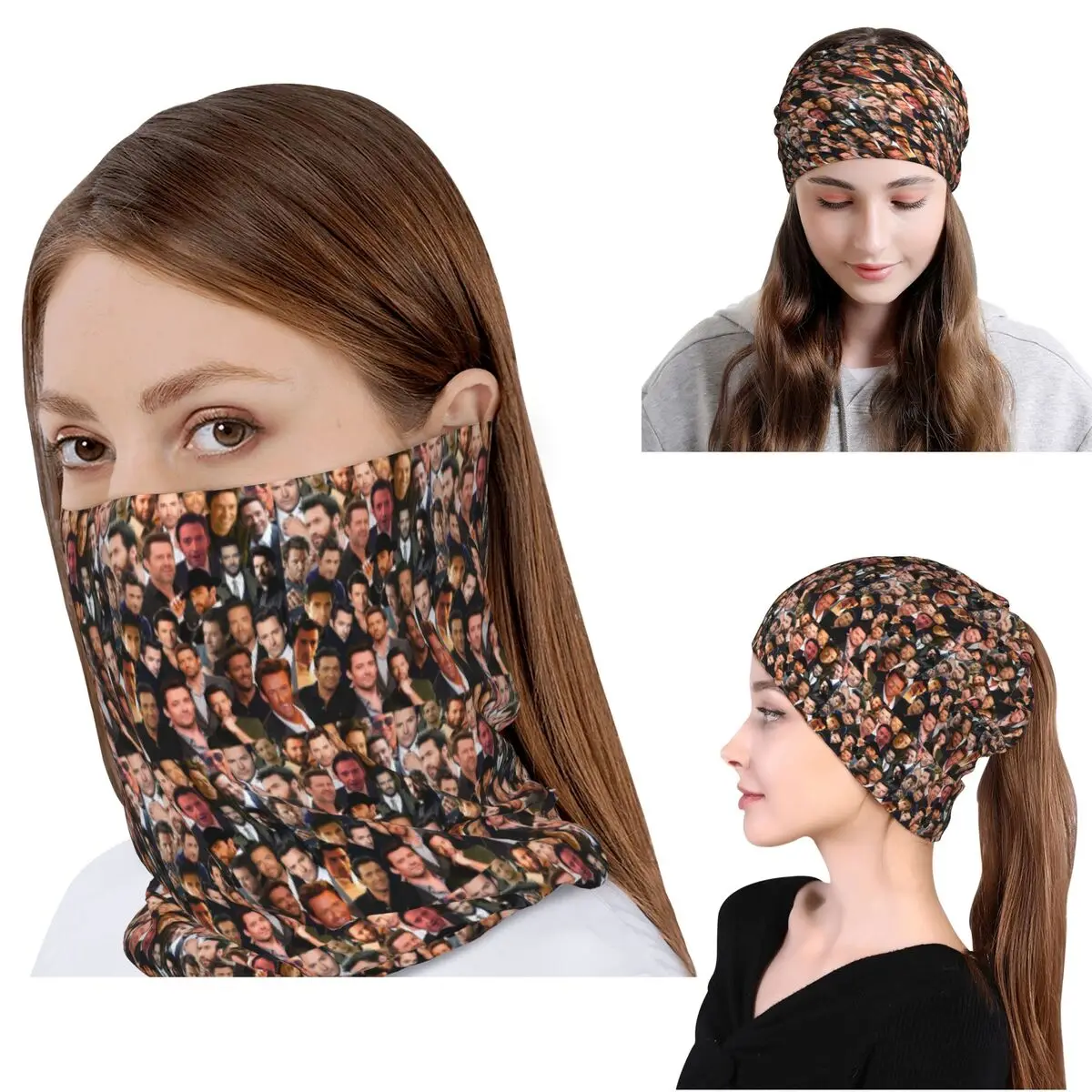 Hugh Jackman Photo Collage Bandana Neck Cover Wrap Mask Scarf Multi-use Headband Beanies Hat for Men Women Adult Winter