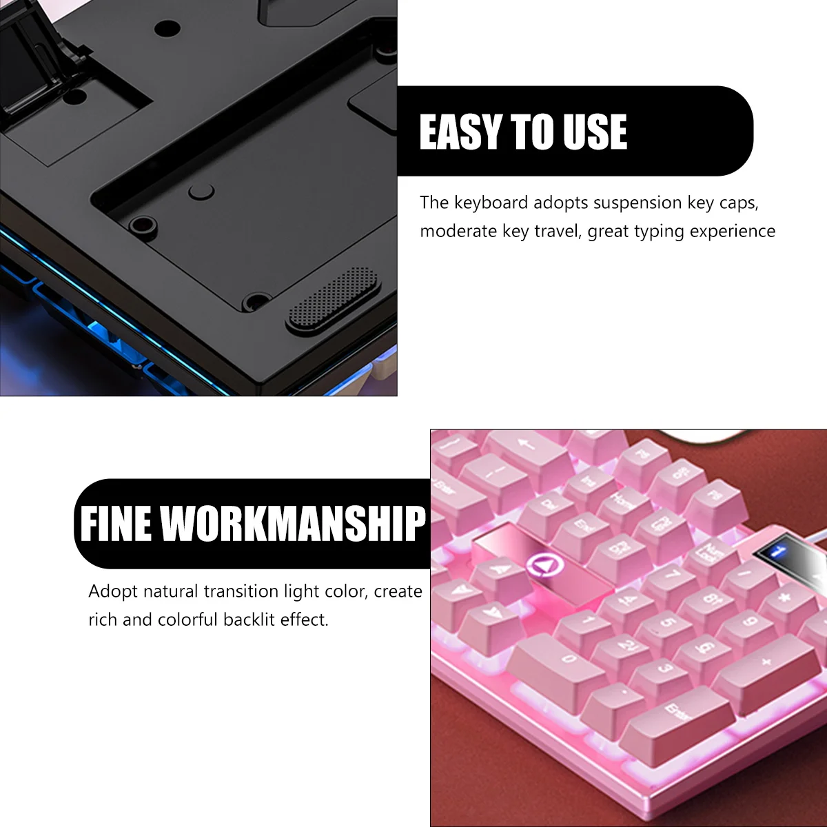 

Color Block Glowing Keyboard RGB Pink Keys Membrane Full Size Wired USB Gaming Accessories Foldable Thickened Backplate Sturdy
