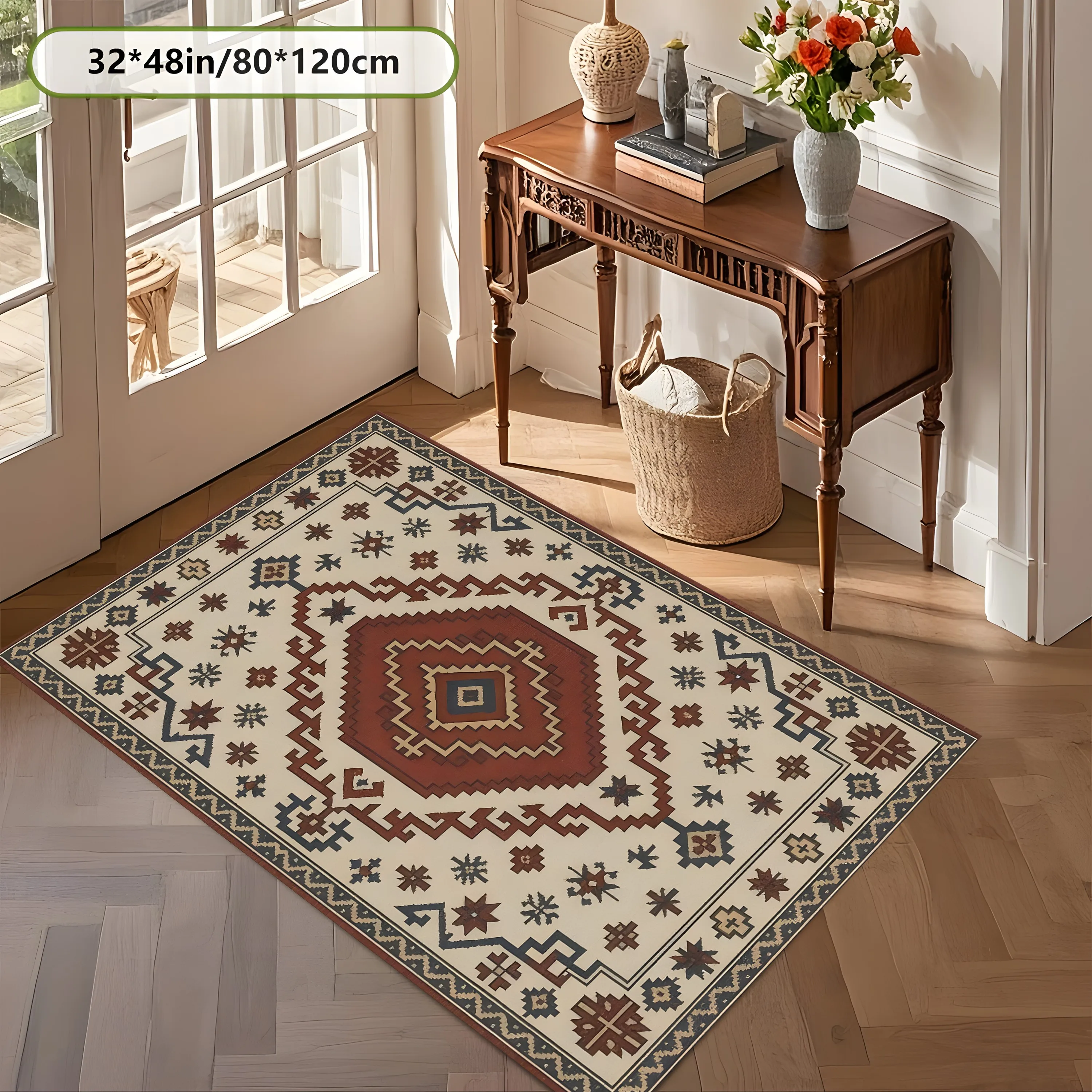 2D Carpet with Ethnic Geometric Diamond Totem Pattern in Retro Exotic Style for Living Room and Sofa Area