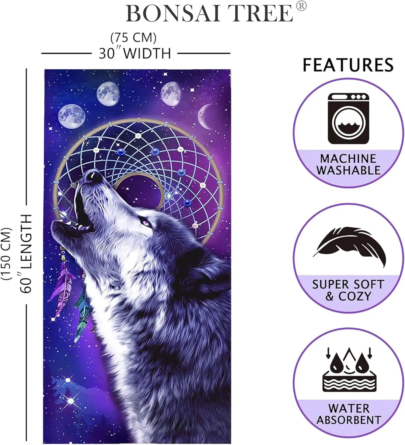 Tree Wolf Beach Towel, Cool Dream Catcher Microfiber Bath Towel Gifts for Boys Kids, Funny Blue Purple Galaxy Space
