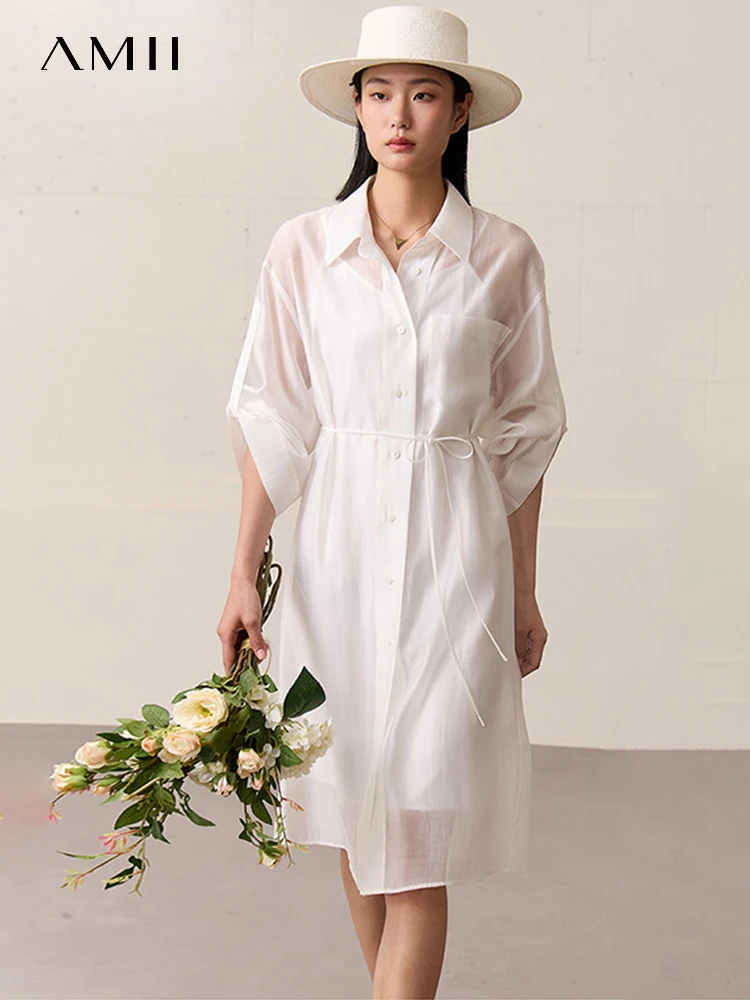 

AMII Minimalism Fashion Sheer Belt Shirt Dresses for Women 2023 Summer New Solid Office Lady Elegant Camisole Vestidos 12371069