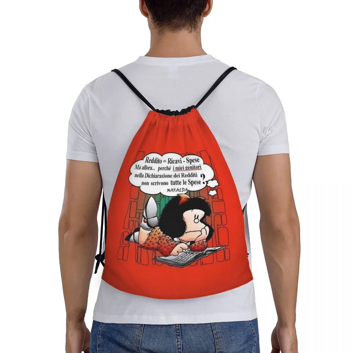 Quino Comic Cartoon Mafalda bolso con cordón para hombres y mujeres, mochila de almacenamiento deportiva ligera, gimnasio, personalizado