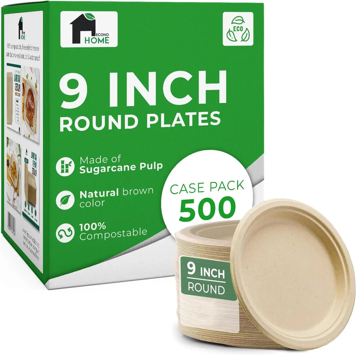 

Eco Conscious Sugarcane Fiber Disposable Plates 9 Inch Microwave Refrigerator Safe Heavy Duty Dinner Plates 500 Count