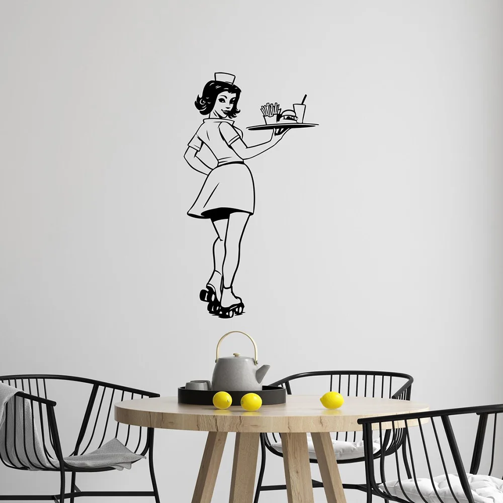 Hamburgers Vinyl Wall Decal Beautiful Retro Girl Waitress Hamburgers Restaurant Fast Food Wall Sticker Burger Shop Decor S433