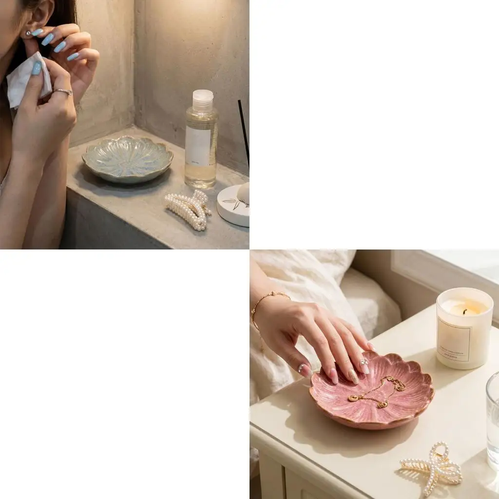 L43A Jewelry Dish Ceramic Trinket Tray with Flower for Rings Earrings and Catchall for Dresser Table Organizers