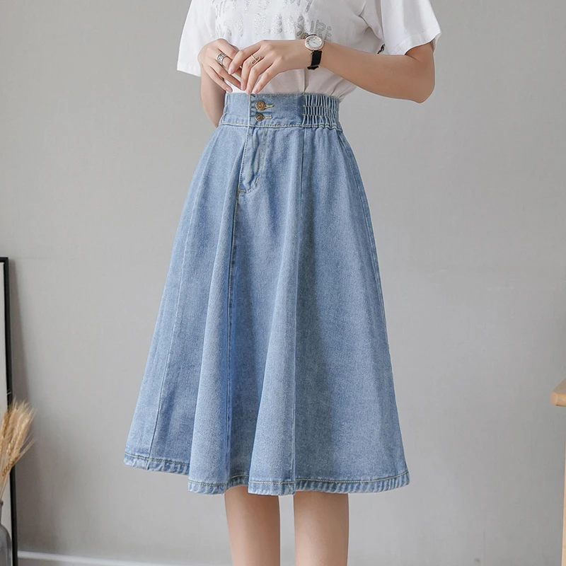 

Spring Summer Women Denim Skirts Elastic High Waist A-line Skirt Leisure Mid Length Versatile Ladies Jean Skirts