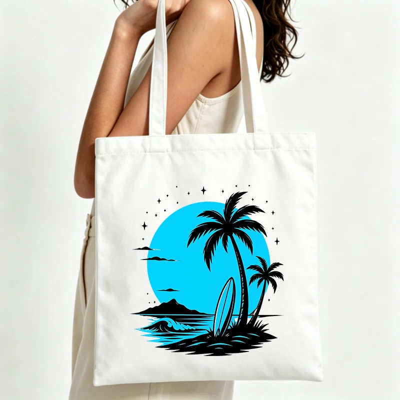 Women's palm tree and surfboard graphic canvas tote bag, casual style for summer beach outings and daily shopping