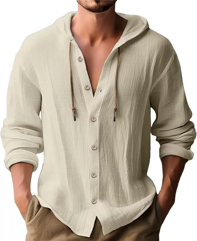 Men's Hooded T Shirt Solid Color Cotton Linen Single-breasted Long Sleeve Drawstring T Shirts Simple Casual Vacation Style Tops
