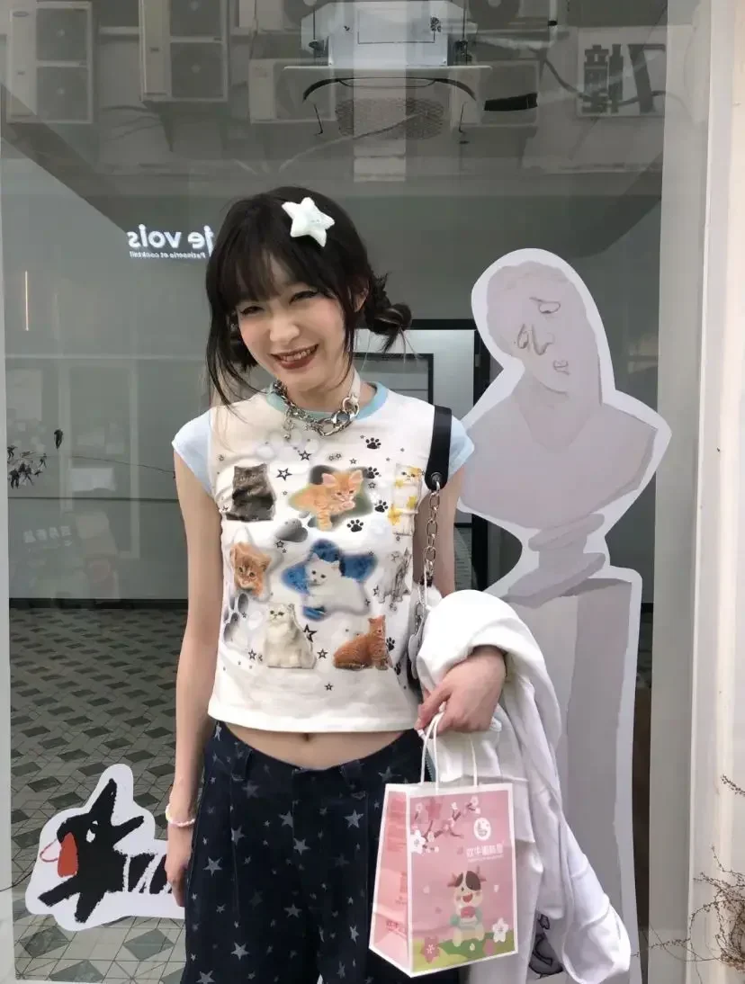 Cat Print T-shirt Babes Round Neck Patchwork Short Sleeve Crop Top Y2k Aesthetics Tops Japanese Kawaii Harajuku Shirts