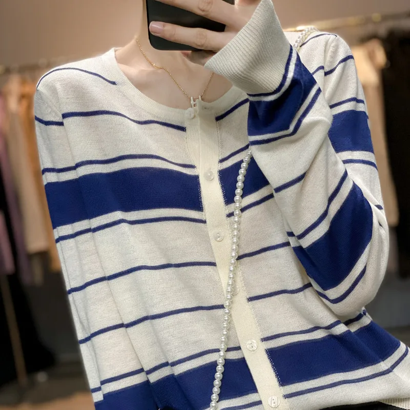 2024 New Women cashmere Stripe Cardigans Spring and Autumn  Cashmere Knitted O-Neck Thin cashmere cardigan Female