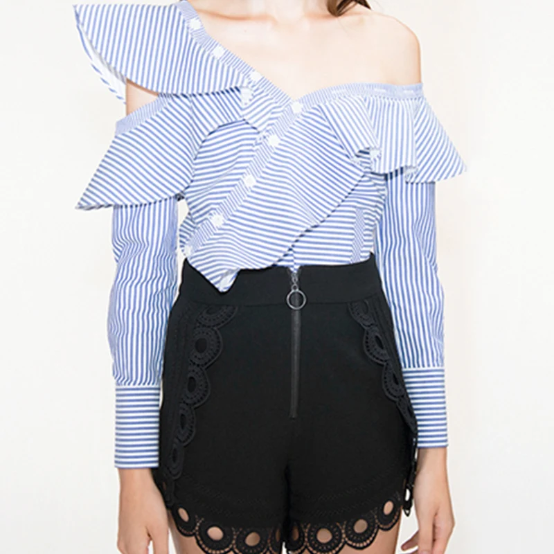 Spring Faion Women's Striped irt Svel Asymmetrical oulder Design Long Sve Slim Fit Street Sle Button Plaet