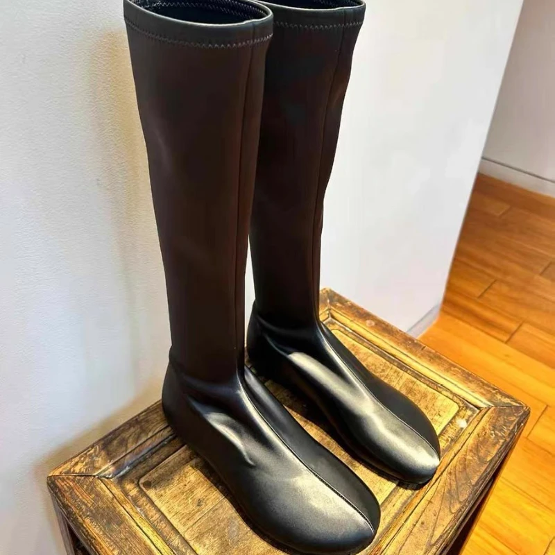 2025 New Women High Boots Flats Leather Shoes Fashion Winter Chelsea Knight's Boots Party Brand Woman Shoes Casual Botas Mujer