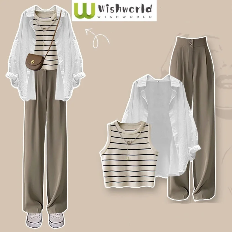 Spring and Summer New Striped Camisole Vest White Shirt Khaki Pants Three Piece Set Elegant Women's Pants Set Sports Suit