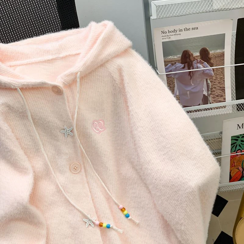 Japanese Sweet Knit Cardigan Women Pink Chic Button Lazy Wind Hooded Sweater Preppy Loose Casual Lace Up Embroidery Kawaii Tops