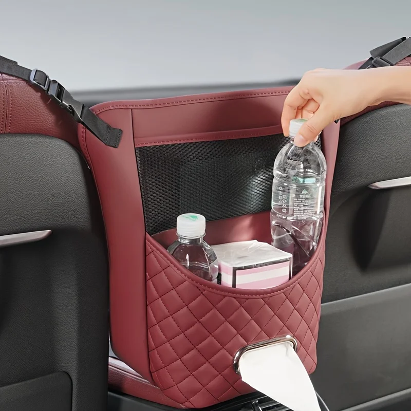 Lcars Car Seat Middle Storage Net Pocket, Car Storage Bag, In-Car Central Control Multifunctional Isolation Hanging Bag, Tissue Box Storage, Pu Leather Durable Material