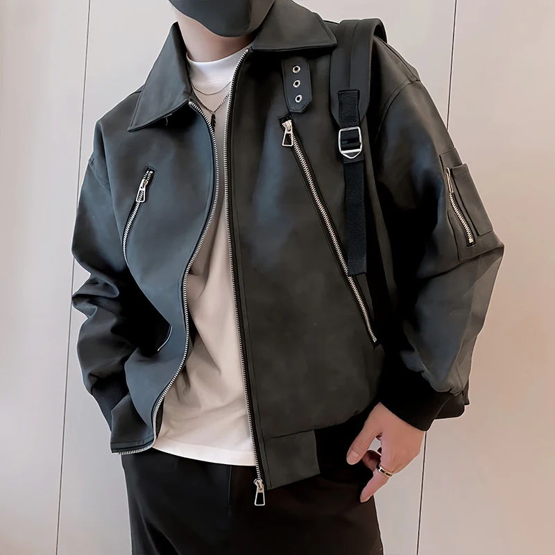 Korean Autumn PU Leather Jacket Men's Lapel Zipper Design Jacket Loose Motorcycle Bike Jacket Casual Business Coats Men Clothing