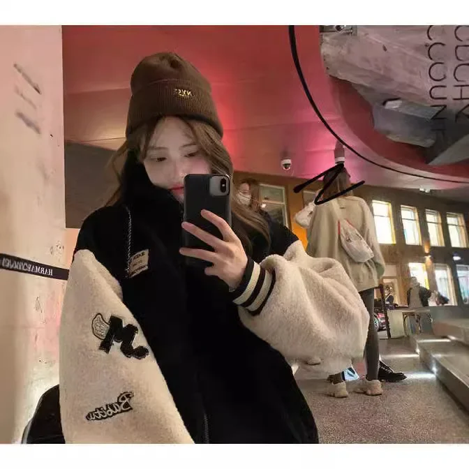 المرأة خمر نمط الأمريكية الصوف مبطن سميكة البلوز سترة التطريز جديد فضفاض صالح التخسيس صوف الضأن سترة #3