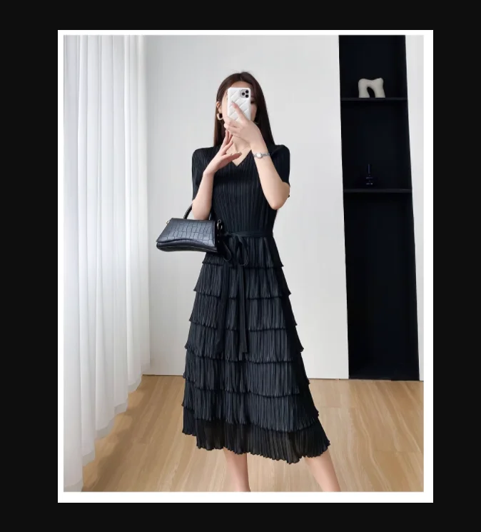 

HOT SELLING Miyake Fold v-neck short sleeve lacing solid Frilly cake dress IN STOCK