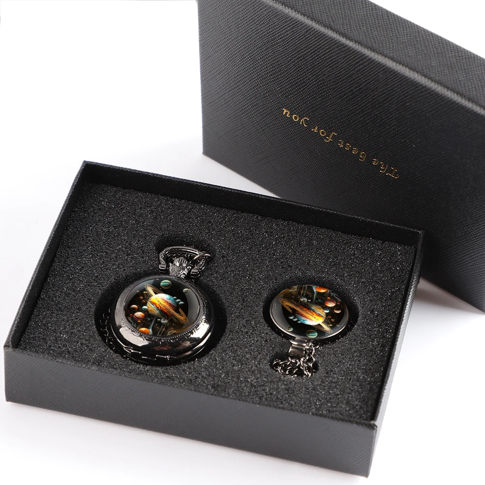 Delicate High Grade Pocket Watch Gift Set With Box Fantasy Planet Design Necklace Clock Accessories For Friends Family