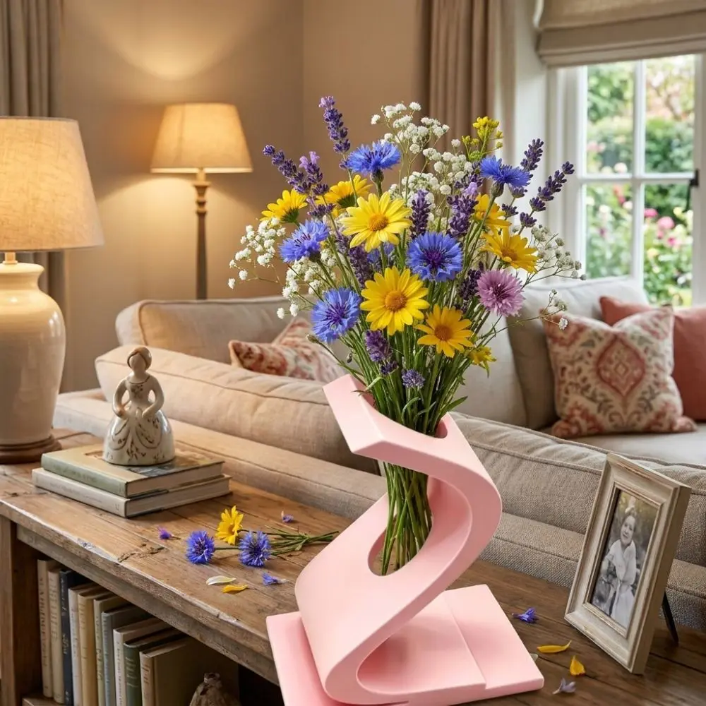3D Printed S-shaped Twisted Vase Geometric Art Minimalist Flower Bouquet Holder Hollow Out Plastic Flower Ware Desktop
