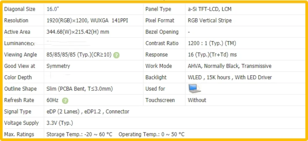 B160UAN03.2 FHD 1920x1200 16 inch No-touch Display IPS LCD Screen Panel 60Hz