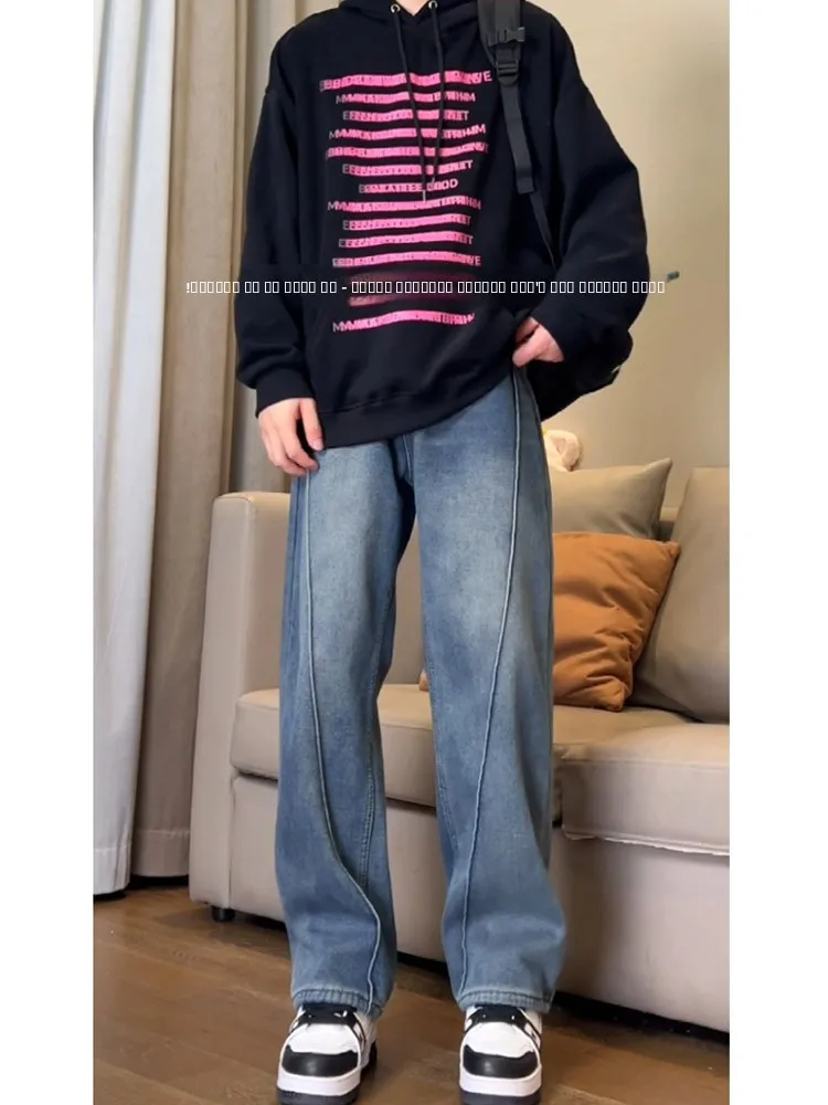 

Retro Blue Men's Denim Pants High Street American Style Patchwork Wide Leg Straight Cut Long Trousers Trendy Youth Wear