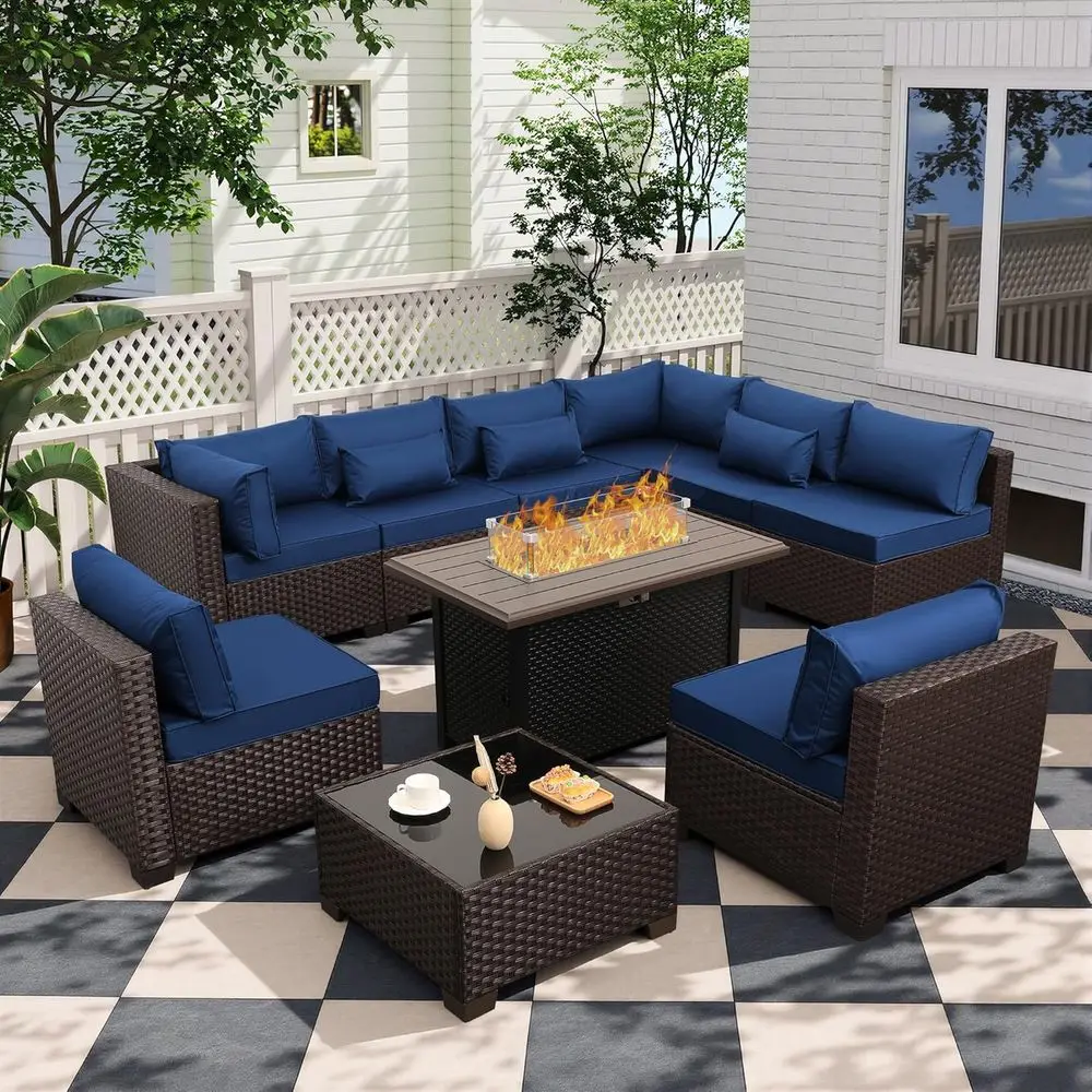 

10-Piece Outdoor Wicker Patio Furniture Set with Glass Table, Sectional Sofa, and 43 Fire Pit, Navy Blue Cushions