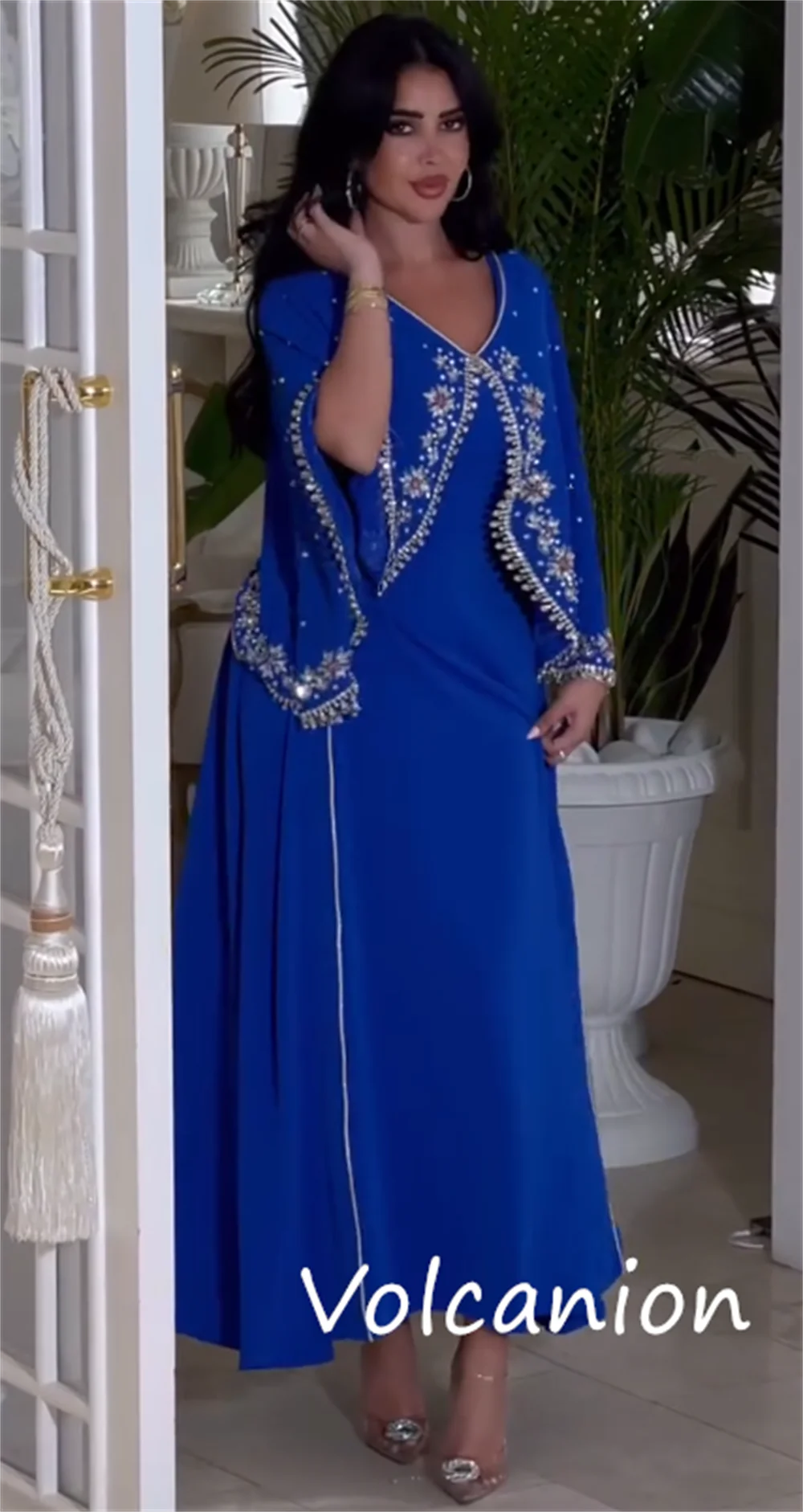 Customized Sparkle Pastrol Jersey Sequined Pleat A-line V-neck Midi Dresses Bespoke Occasion Exquisite