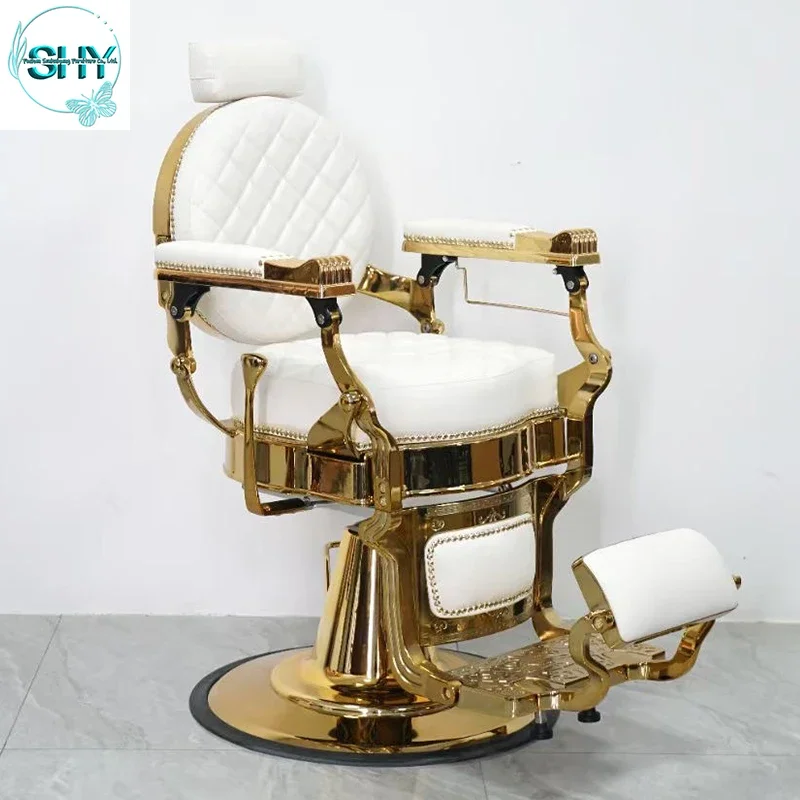 

White Gold Vintage Barber Chair with Unique Design Luxury Synthetic Leather for Men for Beauty Salons Barbershops Nail Salons