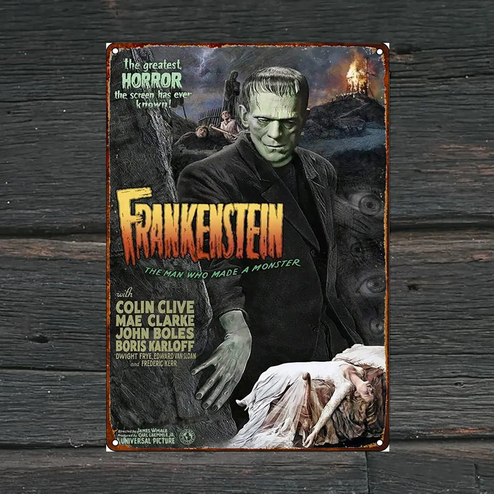 Cartel de película de terror vintage, letrero de metal, decoración de pared de hierro con Frankenstein, logotipo de imágenes universales, perfecto para el hogar, Bar, caf