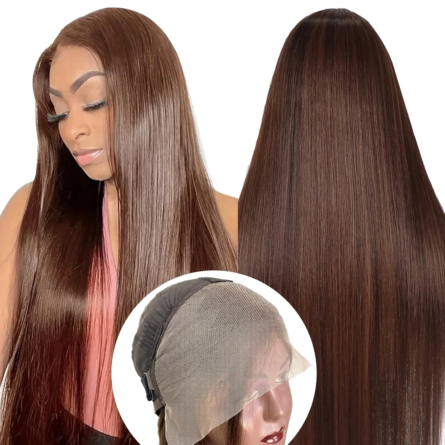 باروكة من شعر بشري بني شوكولاتة مقاس 13 × 6 باروكات بدانتيل أمامي مستقيم مع شعر أطفال شعر بني تم قطعه مسبقًا 4 # الباروكات الأمامية الملونة #1