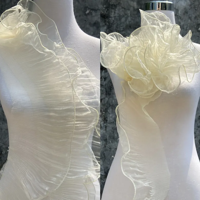 

Прозрачная органза цвета экрю с градиентным переливом, блестящая ткань для свадебных платьев с крупным волнообразным кружевом 13 см, 3D плиссировка с эффектом оптической иллюзии