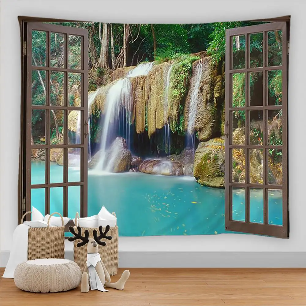 Natuurlijk Landschap Tapijt Prachtig Bos Raam Waterval Landschap Woonkamer Muur Canvas Decoratie