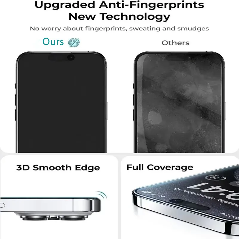 3 piezas de vidrio templado con capa oleofóbica, instalación sin polvo para iPhone 13 14 11 12 15 16 Pro Max 15 Plus XR 17, mate 3