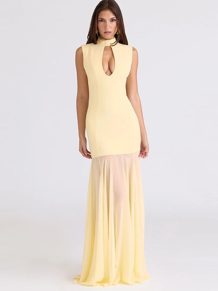 

Oniflyme Sleeveless Mesh Patchwork Maxi Dress Women Elegant Turtleneck Hollow Out Bodycon Dresses Sexy Package Hip Party Robes